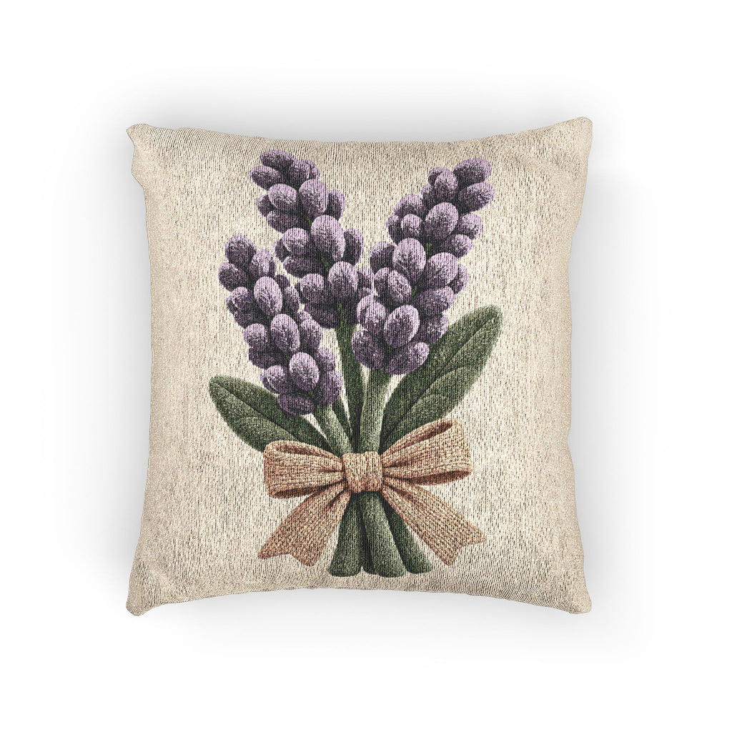 Lavender Bouquet Woven Pillow — Rustic Farmhouse Floral Throw Cushion