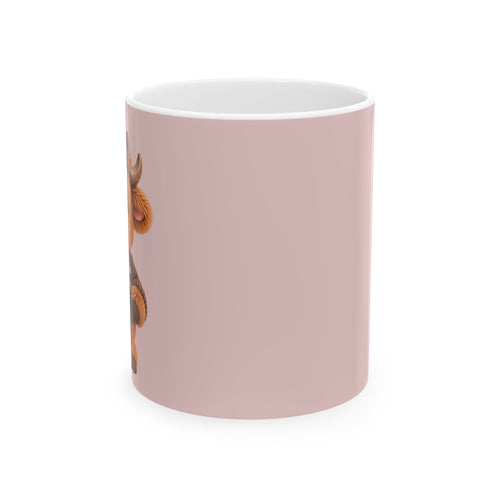 Cute Highland Cow Ceramic Mug — Pink Rustic Farmhouse Coffee Cup (11oz & 15oz)