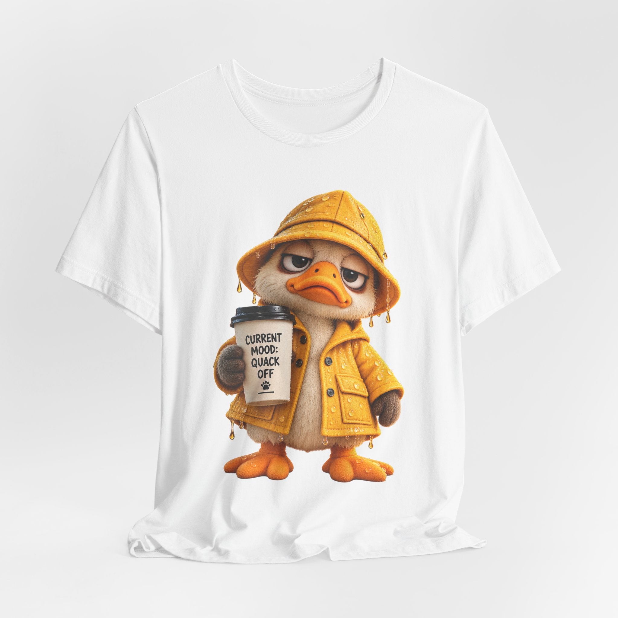 Duck in Rain Jacket T‑Shirt — "Caution: Mood Switched Off" Cute Attitude Tee