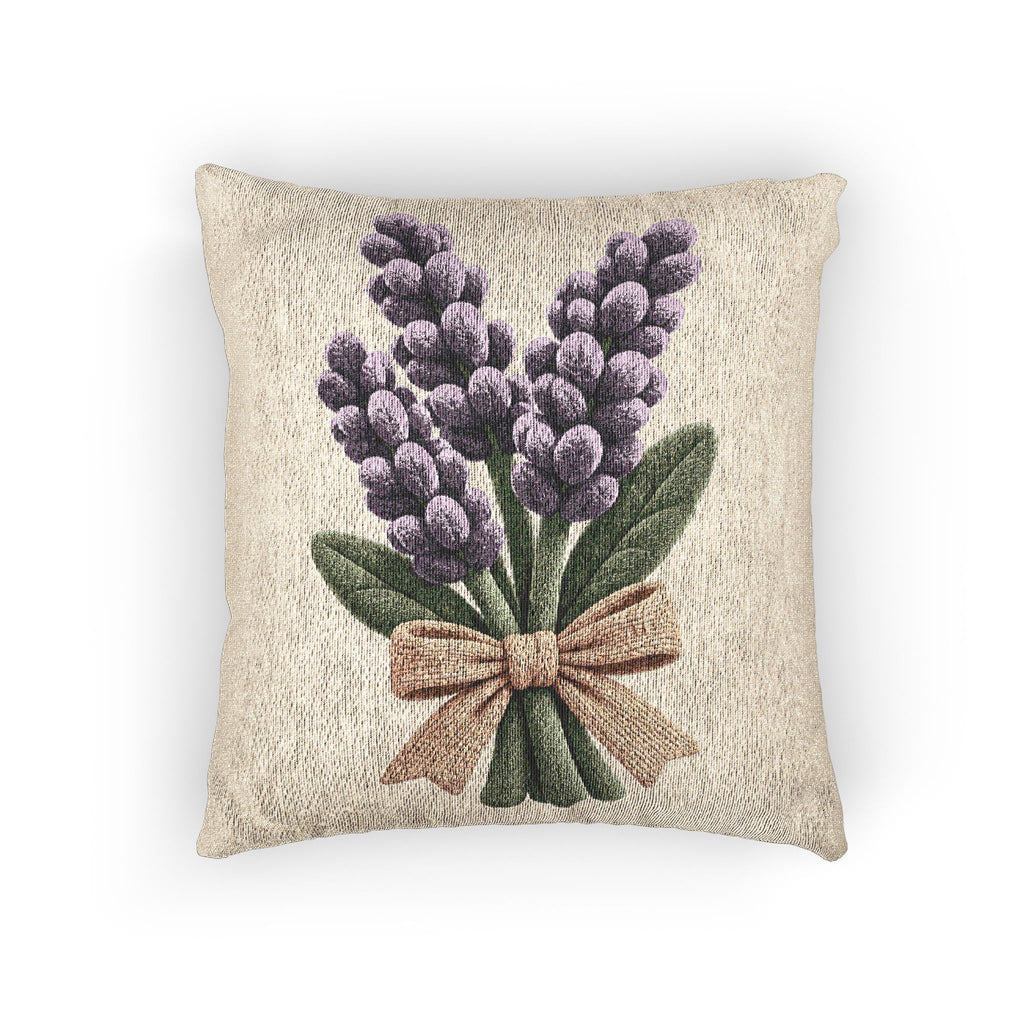 Lavender Bouquet Woven Pillow — Rustic Farmhouse Floral Throw Cushion